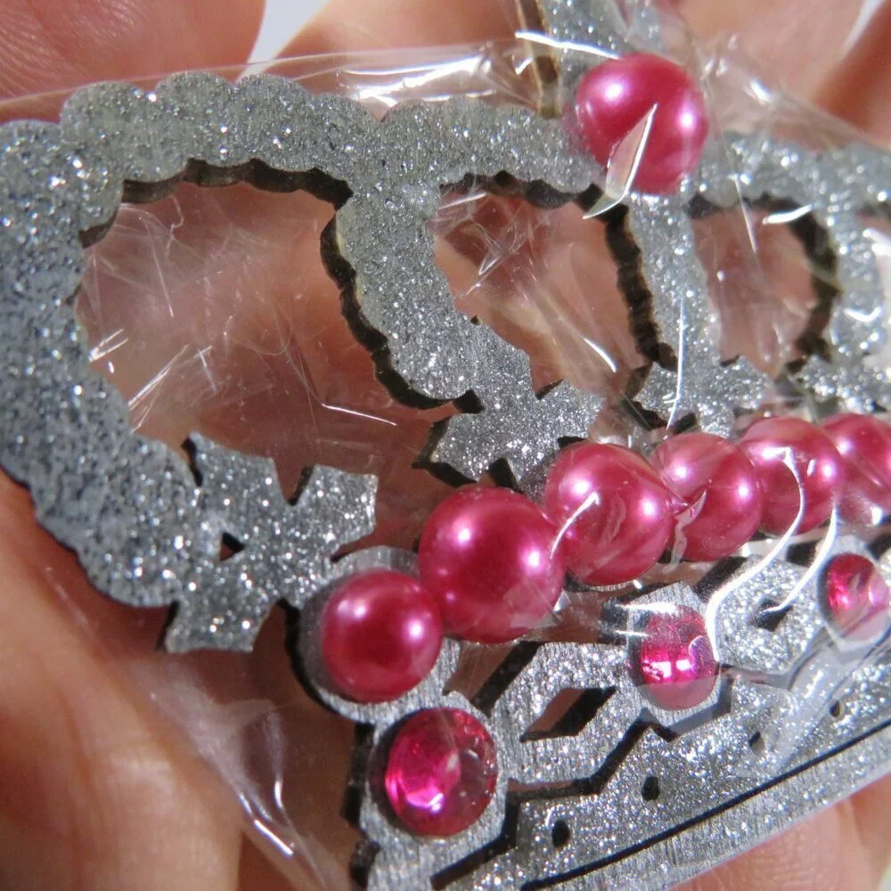 Silver Crown Pink Pearls Laser Cut Wooden Ornament Hangs King Queen